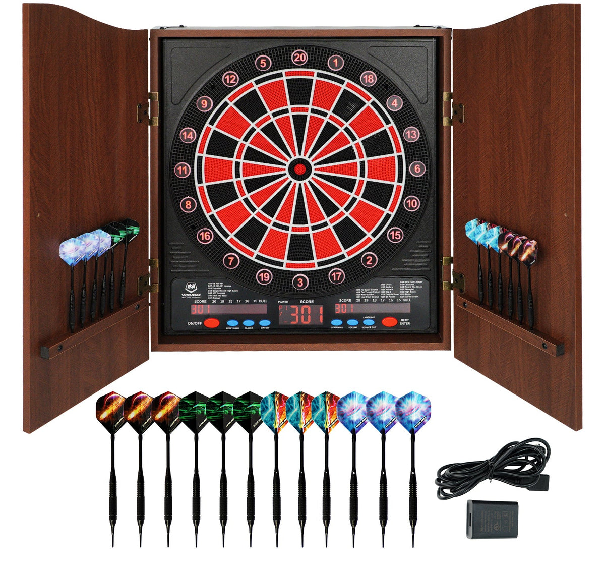 WINMAX Electronic Dart Board Cabinet Set with LED Scoreboard - 38 Games, 211 Variations, 12 Darts Included