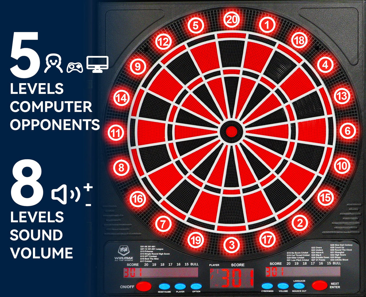 WINMAX Electronic Dart Board Cabinet Set with LED Scoreboard - 38 Games, 211 Variations, 12 Darts Included