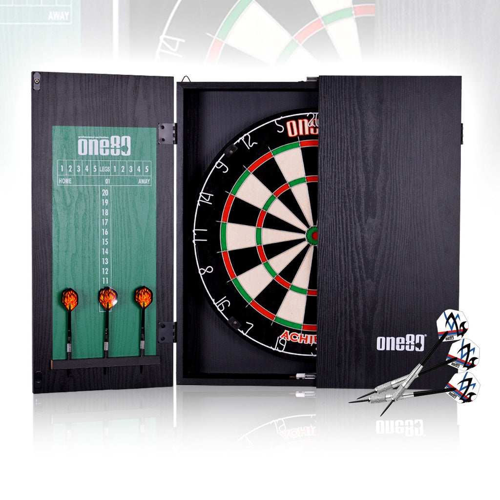 Achiever Black Wood Dartboard Cabinet Set with Darts + Dartboard + Scoreboard Combo