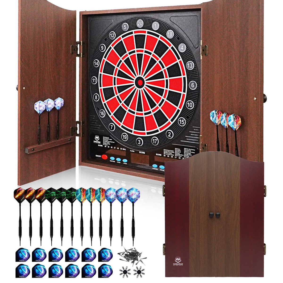 WINMAX Electronic Dart Board Cabinet Set with LED Scoreboard - 38 Games, 211 Variations, 12 Darts Included