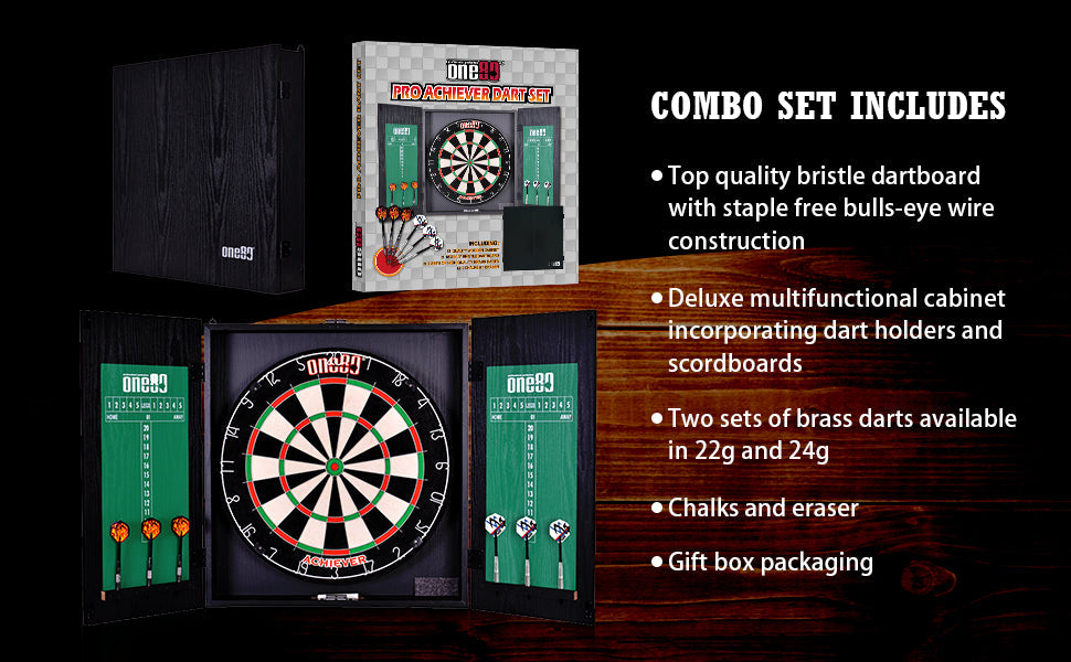 Achiever Black Wood Dartboard Cabinet Set with Darts + Dartboard + Scoreboard Combo