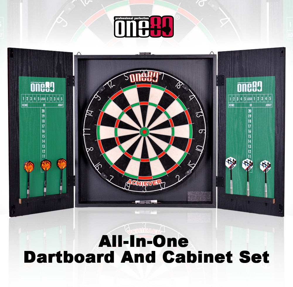 Achiever Black Wood Dartboard Cabinet Set with Darts + Dartboard + Scoreboard Combo