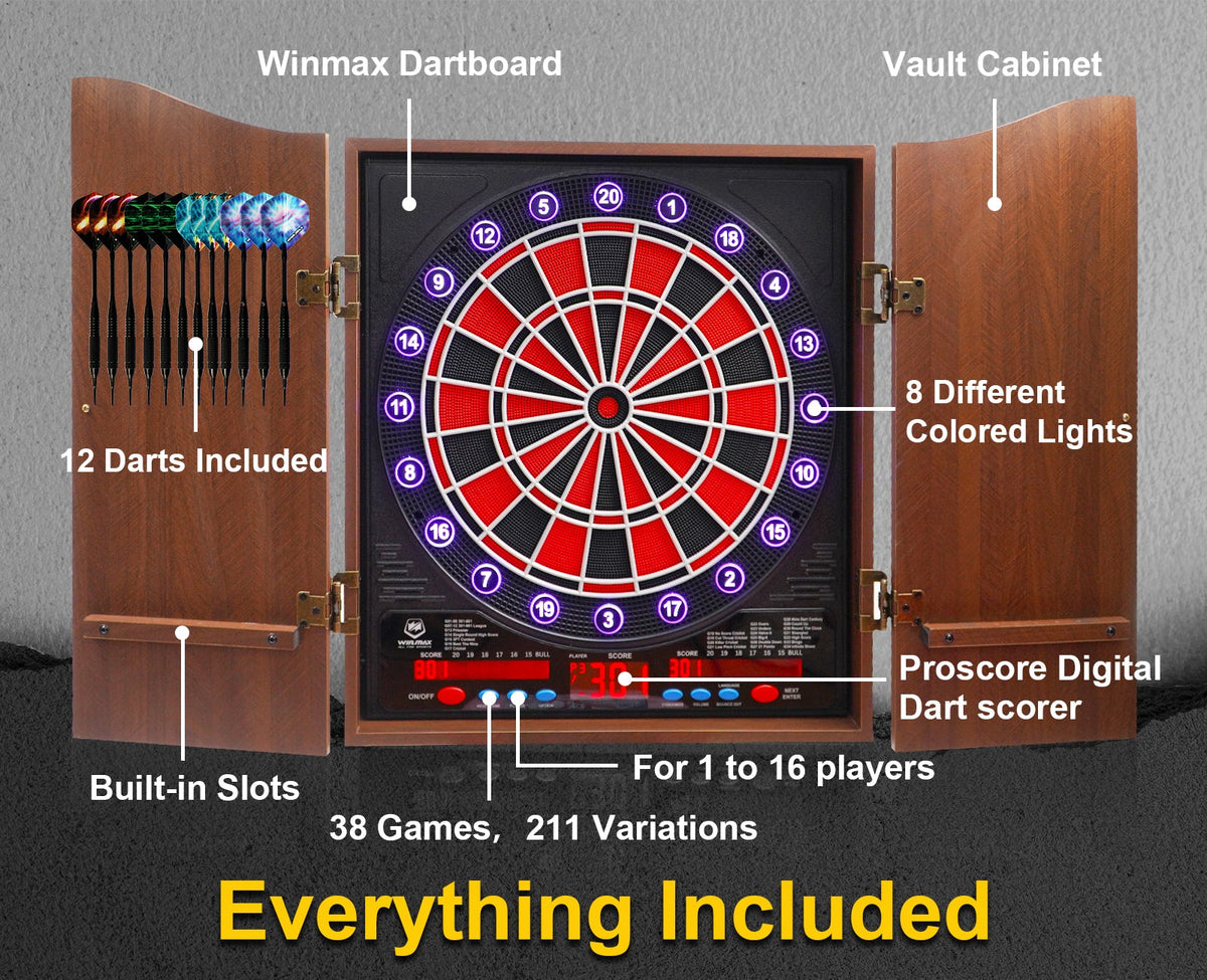 WINMAX Electronic Dart Board Cabinet Set with LED Scoreboard - 38 Games, 211 Variations, 12 Darts Included