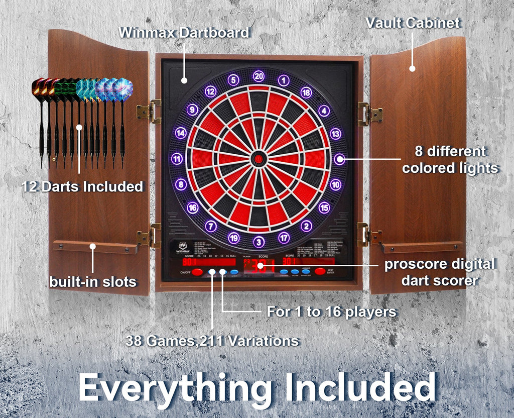 WINMAX Electronic Dart Board Cabinet Set with LED Scoreboard - 38 Games, 211 Variations, 12 Darts Included