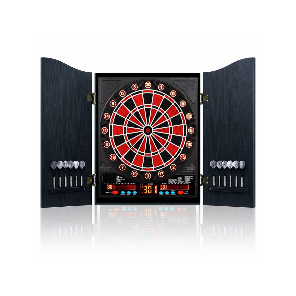 Elite Engraved Wood Cabinet Electronic Dartboard Set