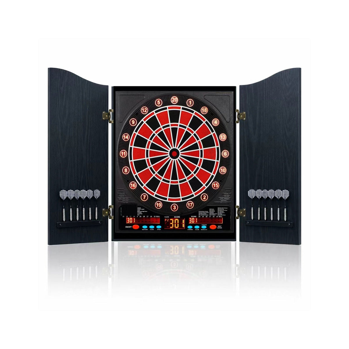 Elite Engraved Wood Cabinet Electronic Dartboard Set