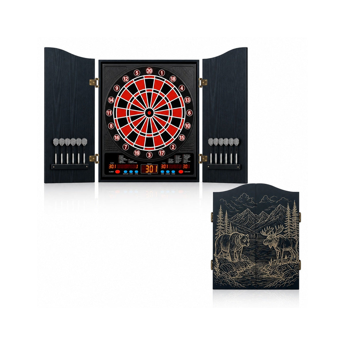Elite Engraved Wood Cabinet Electronic Dartboard Set