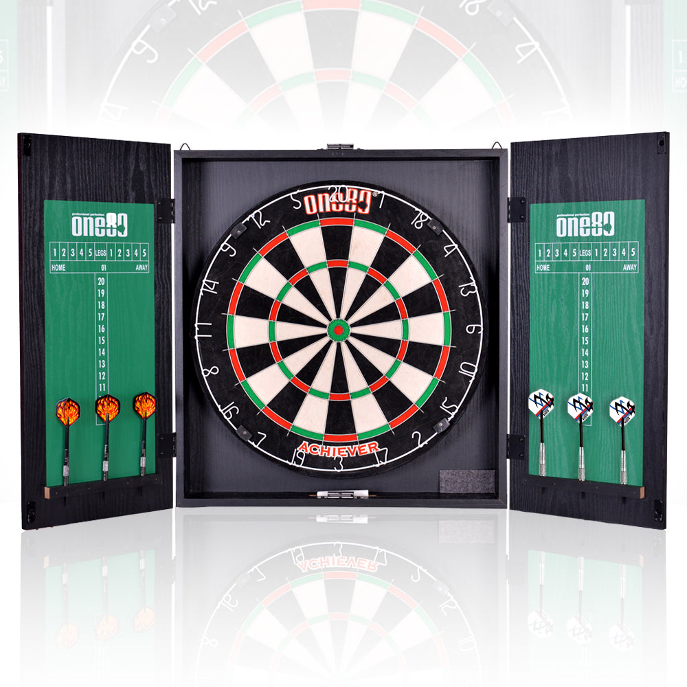 Open black One80 Achiever dartboard cabinet with scoreboards and darts